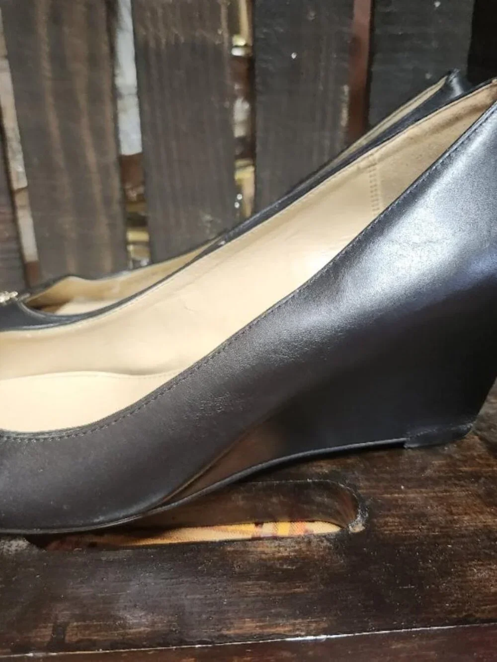 Womens Coach Black Leather Peep Toe Wedge Heels with Gold Badge Sz 9B MSRP $298